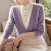 Womens Blue Fake Two Piece Sweater Year Autumn Elegant Knit Top Stand Collar Shirt