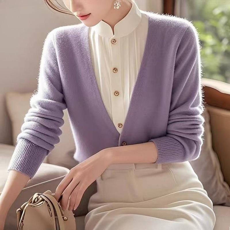 Womens Blue Fake Two Piece Sweater Year Autumn Elegant Knit Top Stand Collar Shirt