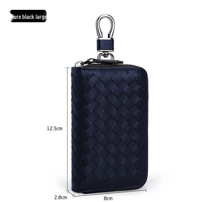 Men's Knitted Leather Car Key Pouch - Large Capacity Zipper Key Holder with Portable Keychain