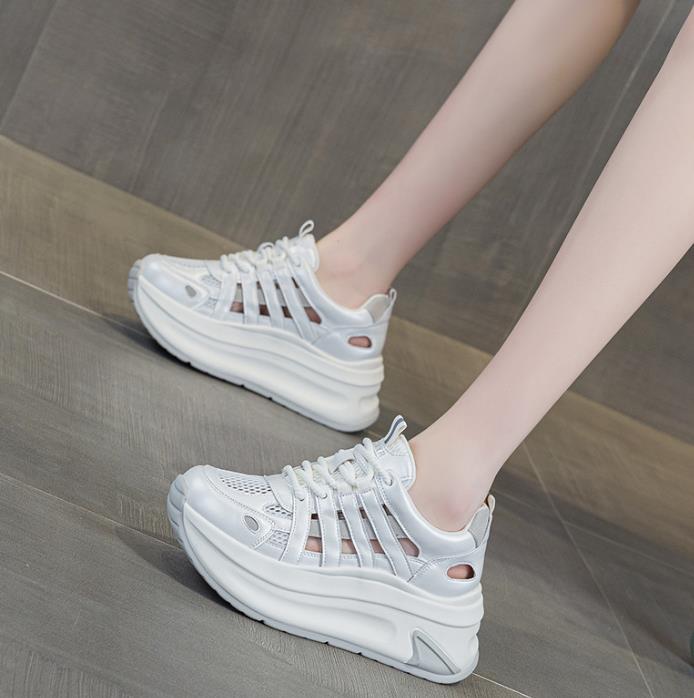 Fashion 7CM Women Spring Summer Air Mesh Shoes Mules Shoes Hollow Chunky Sneaker Slides Sandals Platform Wedge Microfiber Platform Wedge