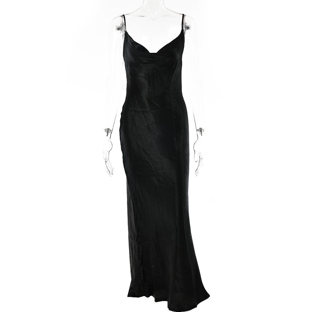 Women's Elegant Satin Slip Dress - Sexy Backless Strappy Nightclub Evening Gown