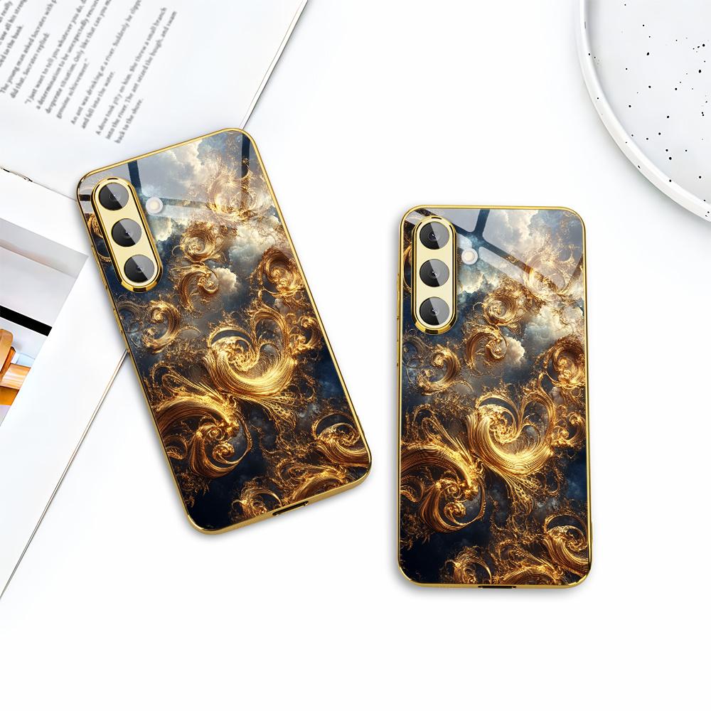Gold-plated tempered glass phone case, compatible Galaxy S26, S25, S24, S23, and S22 Ultra Plus. Features a gold textured design