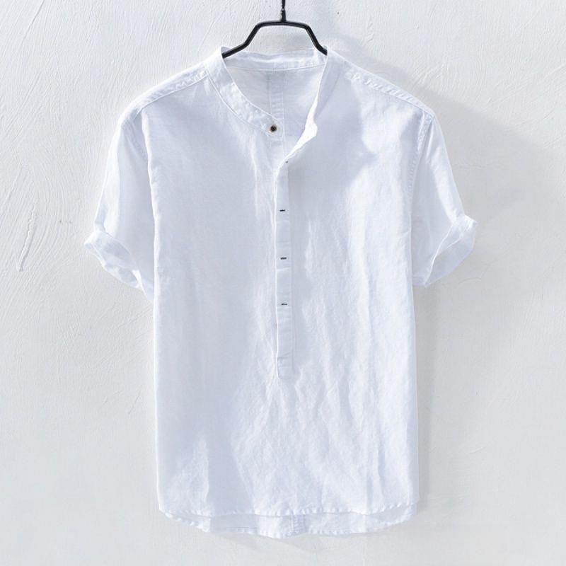 Men's Dark Blue Casual Linen-Cotton Stand Collar Short Sleeve Shirt - Retro Japanese Style