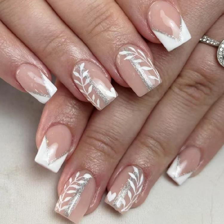 

24PCS Short Square False Nail White Glitters French Design Press On Artificial Nail Matte Glossy Combo Shape 1