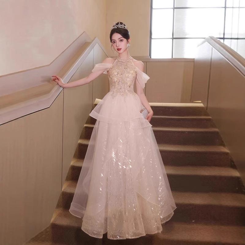 Evening dress 1011 new light luxury niche neck sleeveless princess dress engagement toast host adult dress