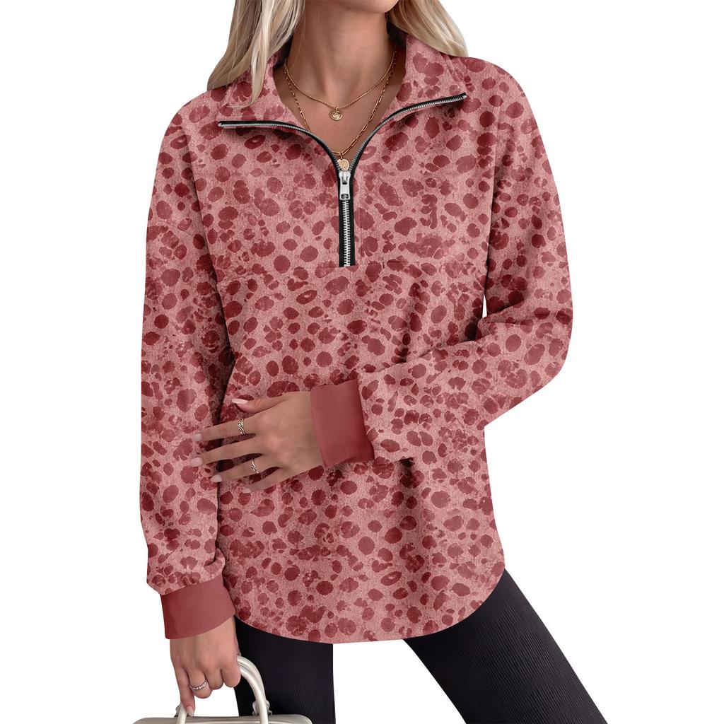 Women's Leopard Print Quarter-Zip Pullover Sweatshirt