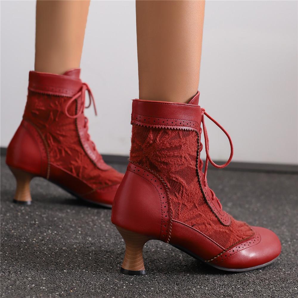 Lace-up Women Ankle Boots Middle Heels Fashion Lace Round Toe Autumn Winter Women Shoes Strange Steampunk Short Booties 34-46