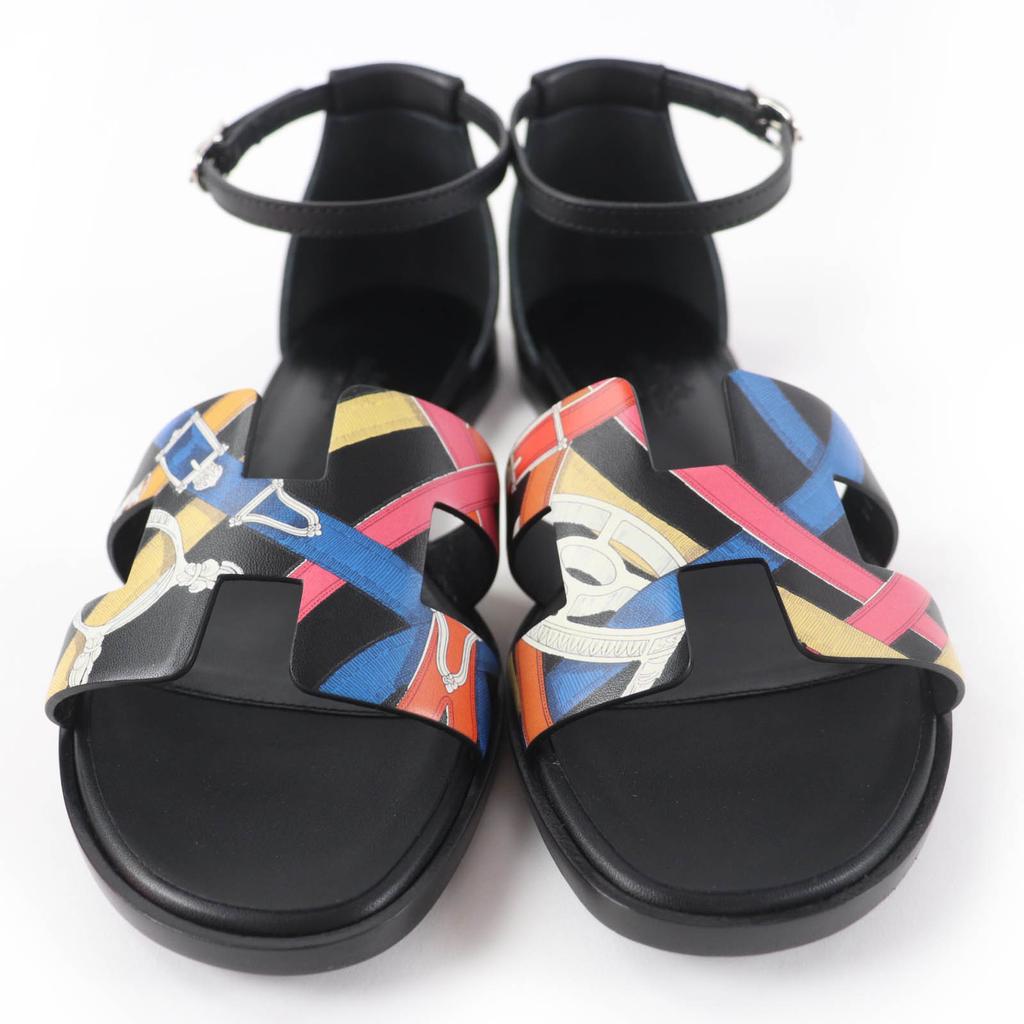Pristine HERMES Sandals Santorini Ankle Strap Leather Black Leather Women 35 Used