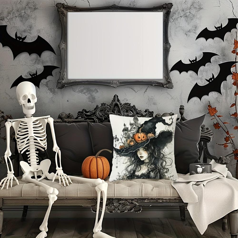 Halloween pillow cover with zipper closure, living room sofa cushion cover, pumpkin, bat, cat, skull, crow pattern