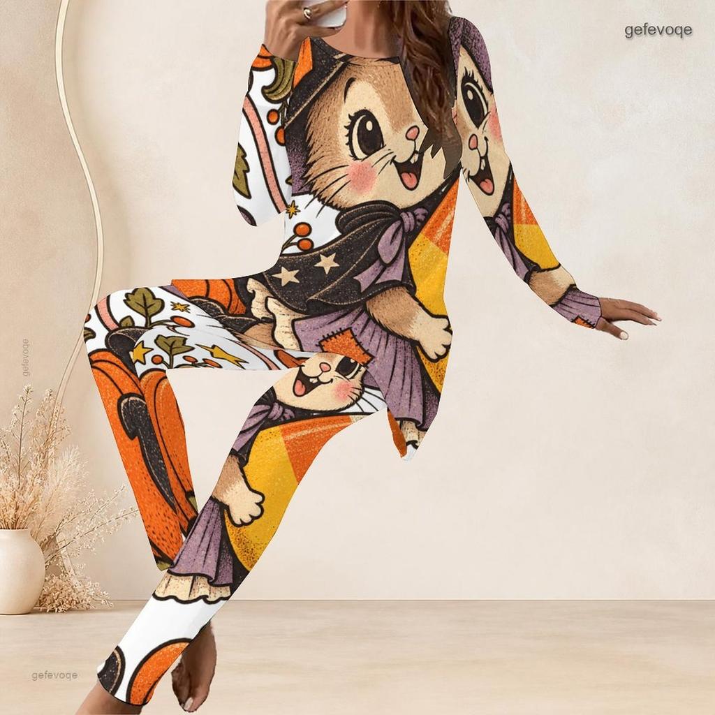 Women Plus Size Round Neck Long Sleeve Printed Cartoon Bear Pumpkin Two Piece Pants Set