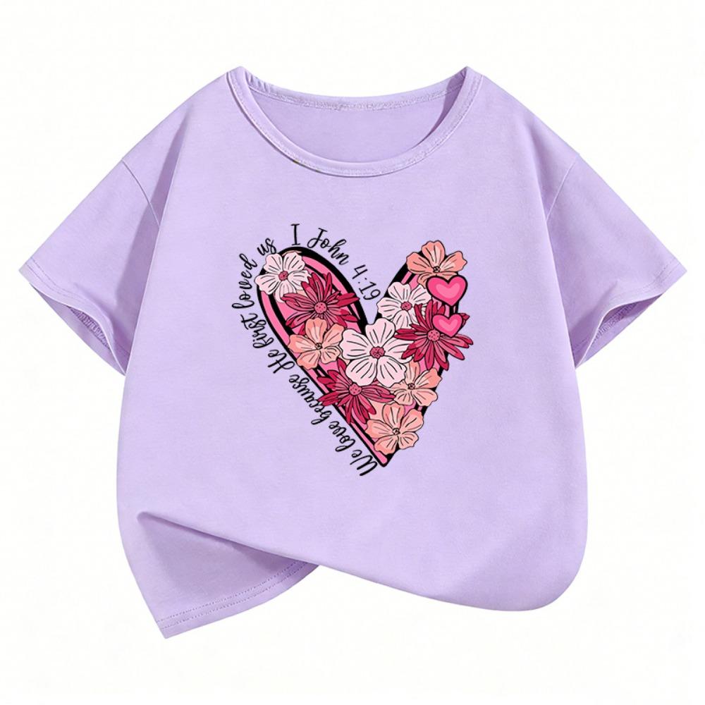 Vintage Floral Love Heart Design T-Shirt Printed T Shirt Girls' Summer Clothes Short Sleeve Tops T-Shirts Cute Kids Clothing