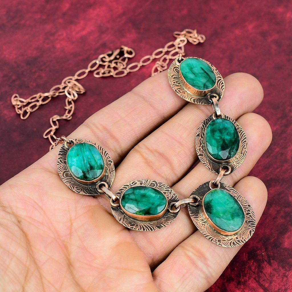 Faceted Zambian Emerald Necklace Copper Necklace Adjustable Chain Necklace Handmade Copper Jewelry Dainty Gemstone Necklace Anniversary Gift