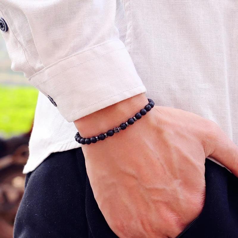 New Novel 4mm Beads Bracelet For Men Black Skull Braclet Homme Small Volcanic Rock Tiger Eyes Stone Braslet Gift For Him