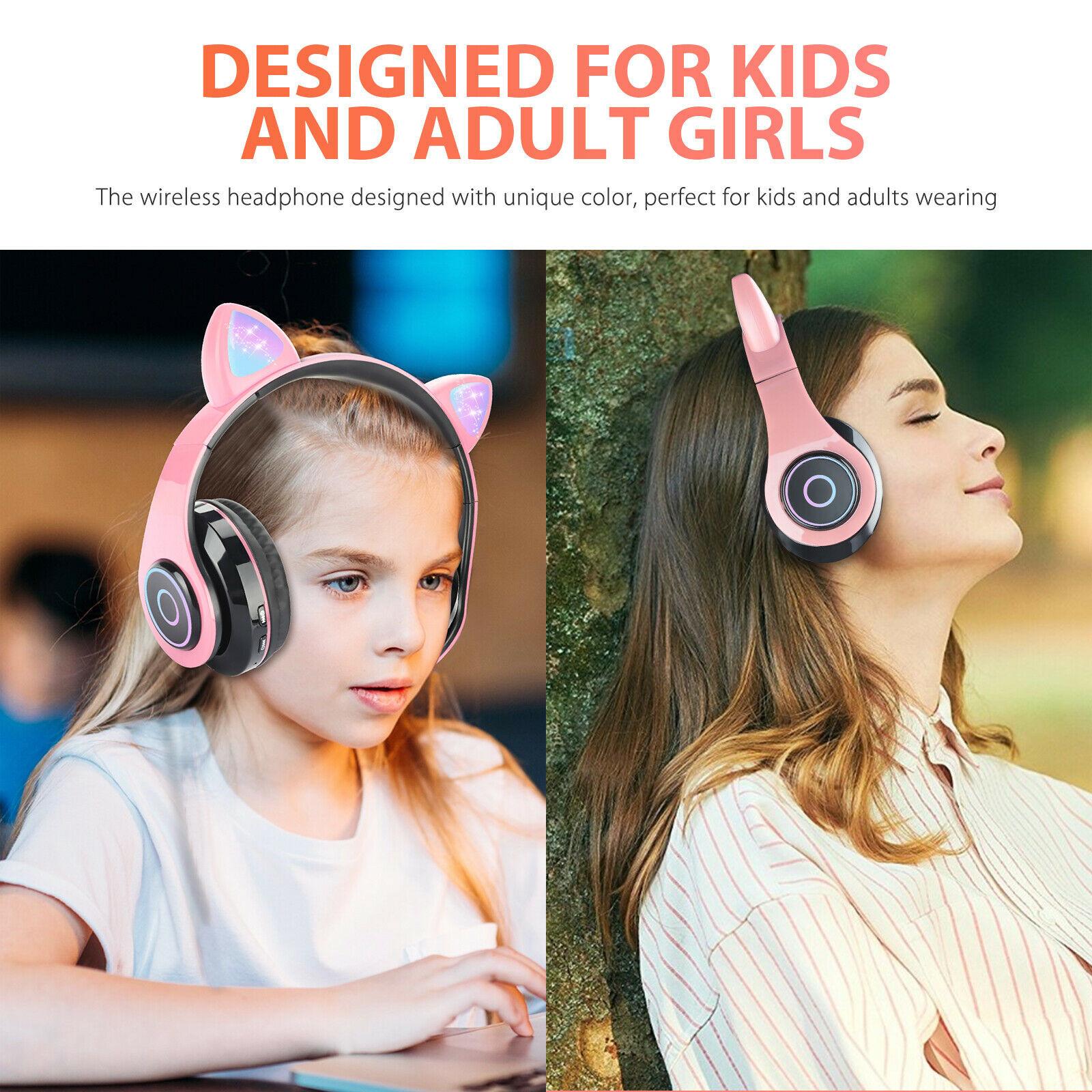 

Bluetooth 5.0 Wireless Cat Rabbit Ear Headset LED w/Mic Headphone For Kids Girls