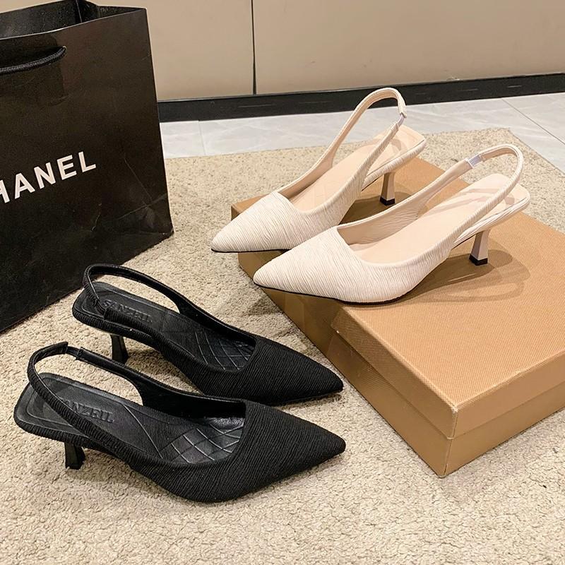 Baotou sandals women's 2024 new French pointed head, light mouth, thin heel, empty single shoes, satin temperament, socialite high heels