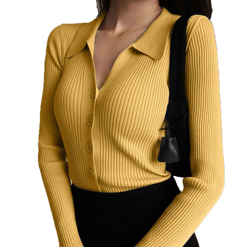 

Новые тонкие топы для похудения с лацканами, женские полые пуговицы, женский длинный кардиган, сексуальный свитер с рукавами, вязаный вырез, V-образный вырез, U1C0 M жёлтый