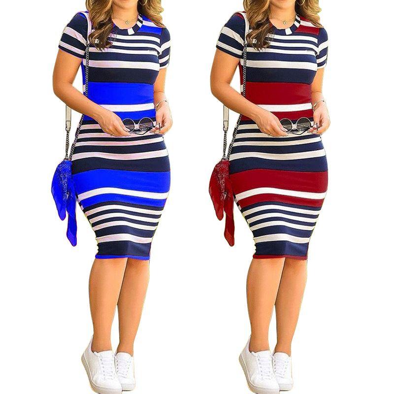 

2025 Fashion Casual Women s Round Neck Striped Dress Blue M