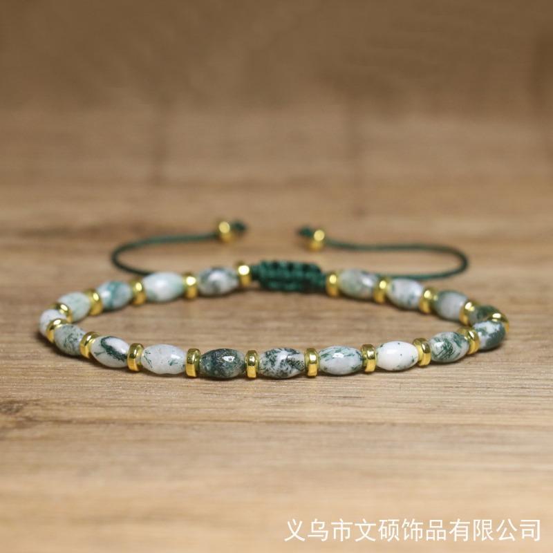 Tree Agate Oval Bead Bracelet – Gold Accent Adjustable Boho Jewelry, Nature Calm Gift for Women
