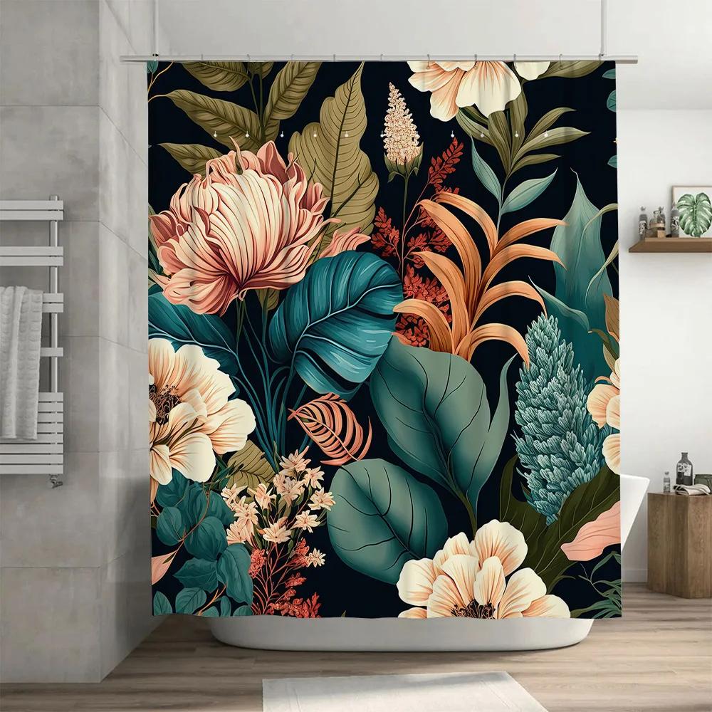 Floral Shower Curtain with Green Leaves Black Background Home Decoration Waterproof Fabric Bathroom Decorations for Bathrooms Si