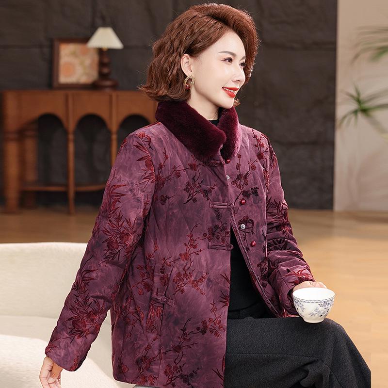 2025 Chinese Style Winter Down Jacket for Middle-aged & Elderly Women with Fur Collar - Thick 90% White Duck Down