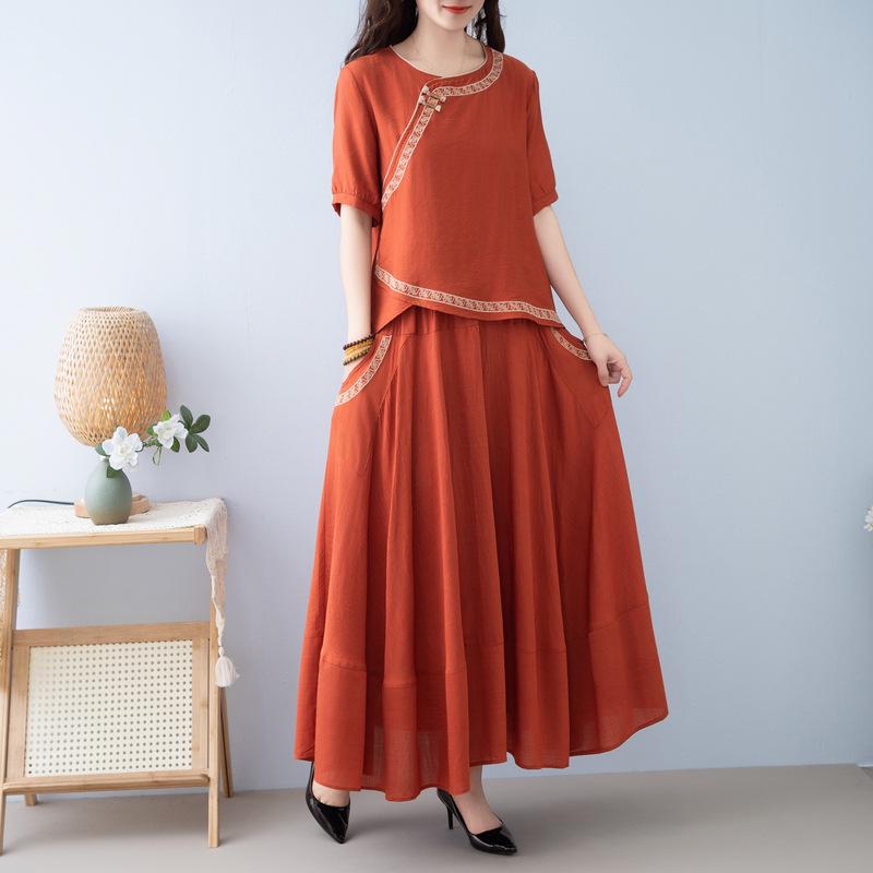 Fashionable Ethnic Midi Skirt Two-Piece Set for Women (2025 Summer)