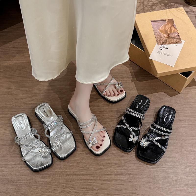 2025 new Korean version of rhinestone flat-bottomed slippers women's Mary Jane shoes breathable butterfly soft-soled slope heel cool slippers tide