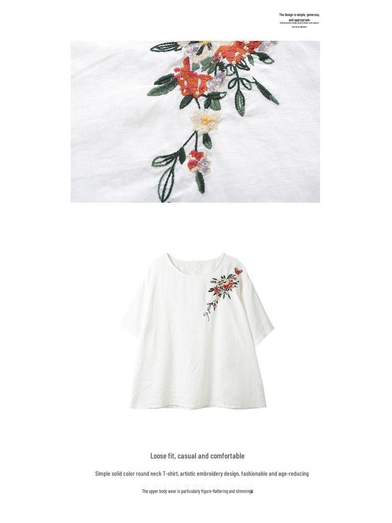 Women's Retro Korean Style Plus Size Embroidered Cotton Linen T-Shirt