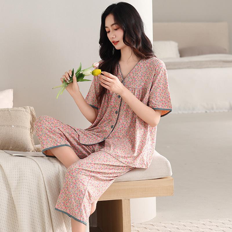 Pajamas women's summer modal short-sleeved cropped pants thin summer middle-aged mother cotton and silk cool summer loungewear