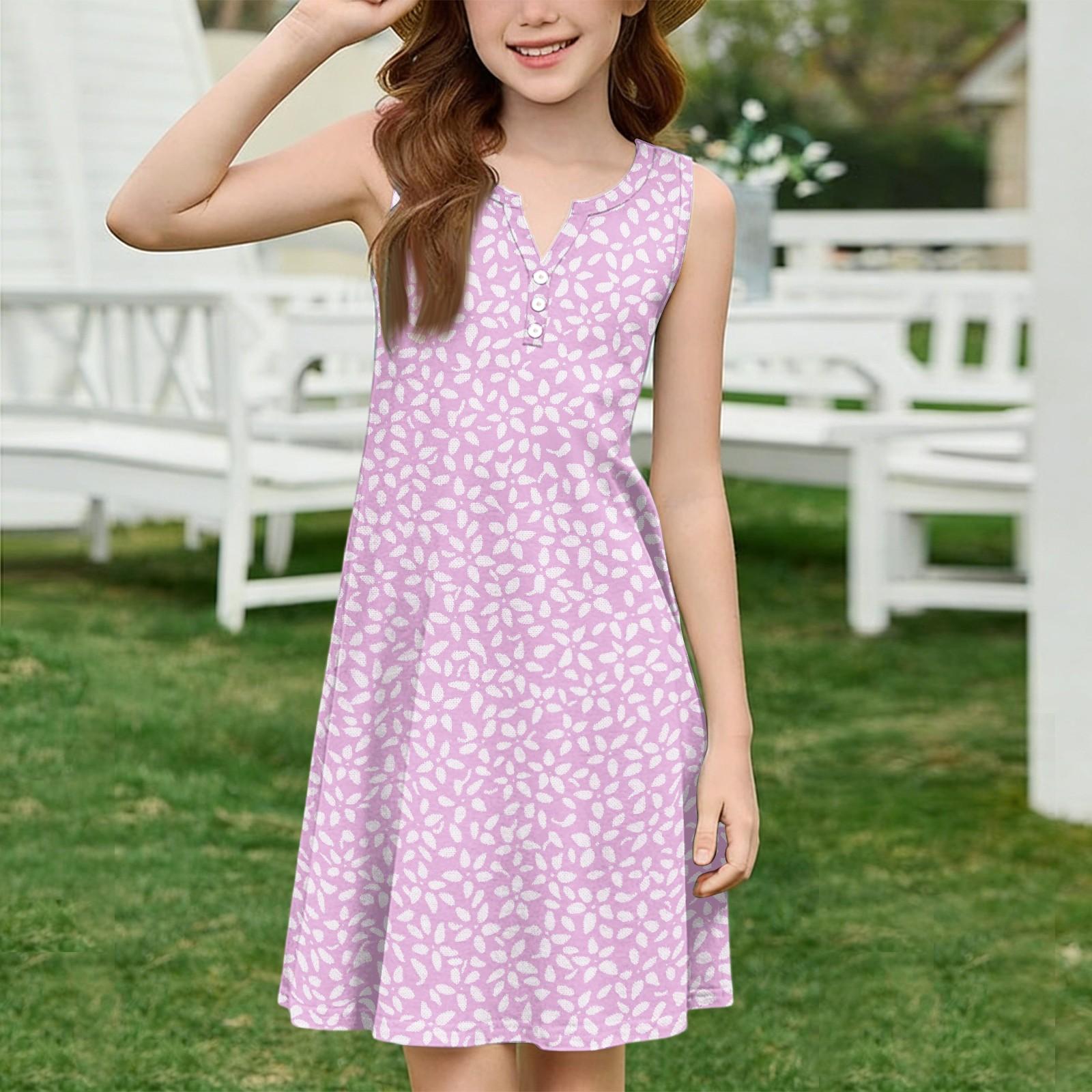 

Girl Summer Dress Color & Print Sleeveless Dress With Pocket Casual Dress Sleeveless Party Dress 150 рожевий