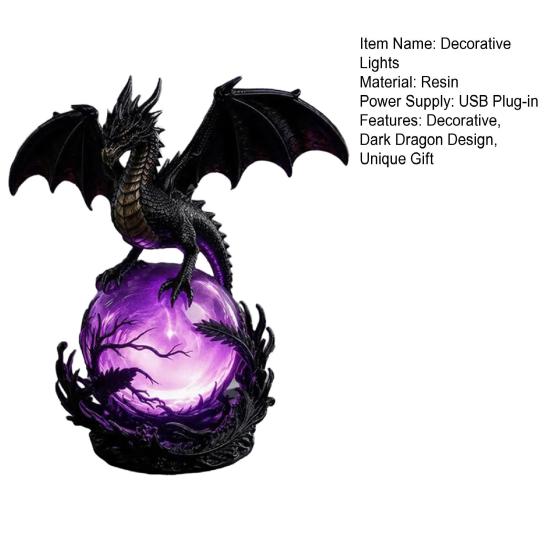 Dragon Faux Crystal Ball Lamp, Gothic USB Night Light, Dark Fantasy Resin Decor for Desk Bedroom, Halloween Gift for Gothic Lovers