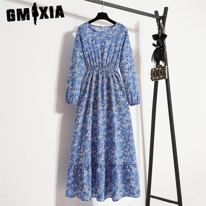GMXIA 25 Colors Spring Women Maxi Dresses Casual Long Sleeve Floral Print O-Neck Ladies Long Dress Bohe Beach Party Mujer Vestidos Muslim Dress