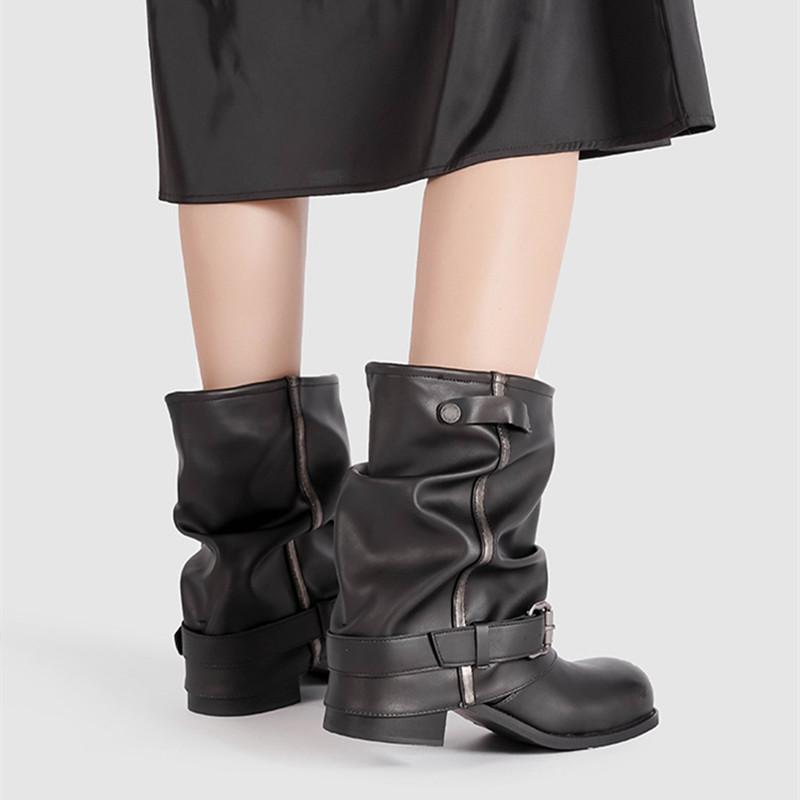 Fashion Autumn Winter Fashion Patent Leather Women Mid-calf Motorcycle Boots Casual Thick High Heels Belt Buckle Punk Knight Booties