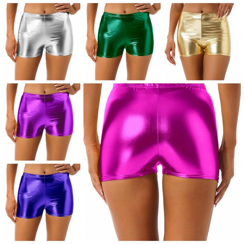 

Жіночі блискучі металеві короткі шорти Rave Party Mid Waist Hot Pants Pure Color Skinny Short Pants Pole Dancing Costume One Size срібний