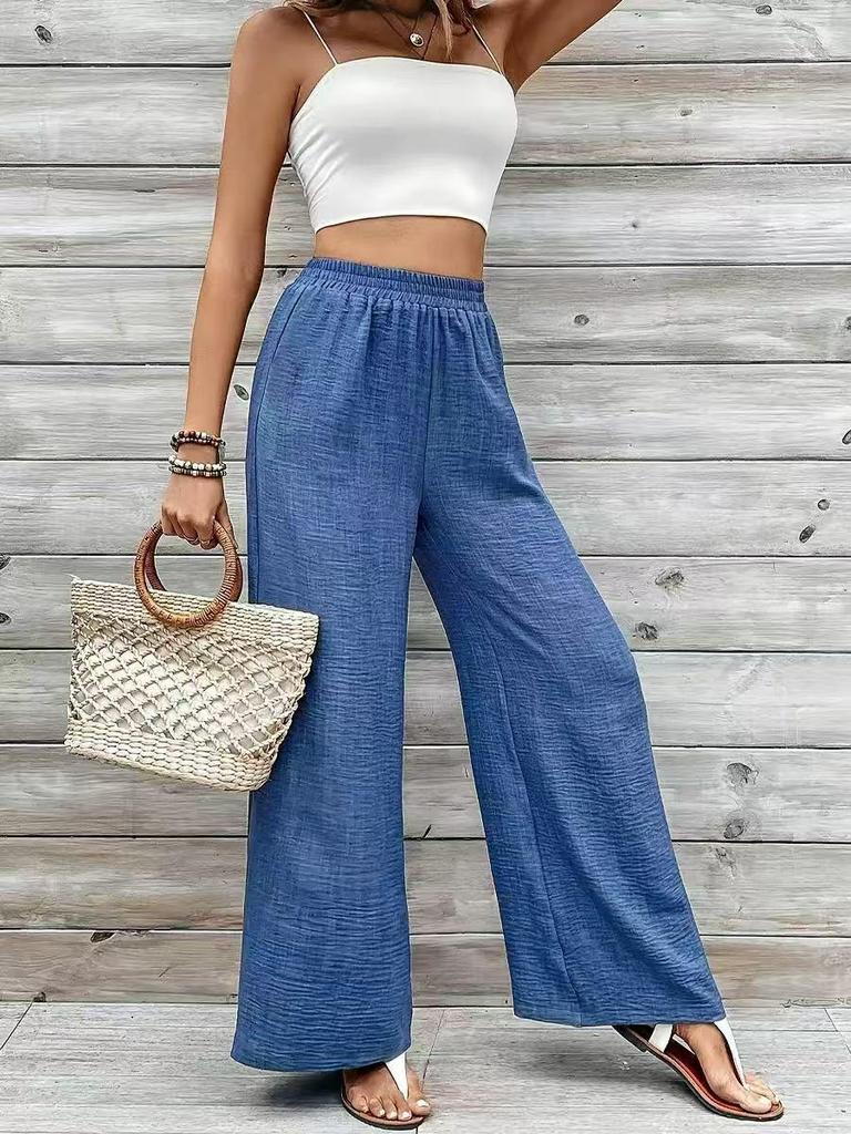 2025 European & American Style Women's Elastic Waist Casual Textured Wide-Leg Pants