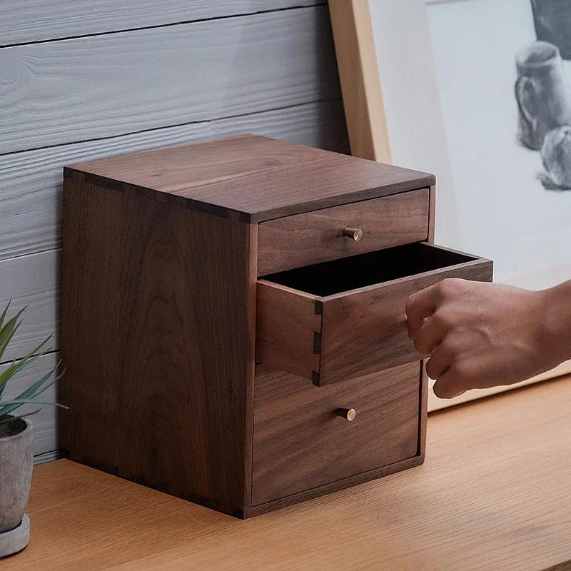 Black Walnut 3-Layer Dustproof Drawer Storage Living Room Cabinet Nordic Makeup Organizer Stackable Desktop Cupboard