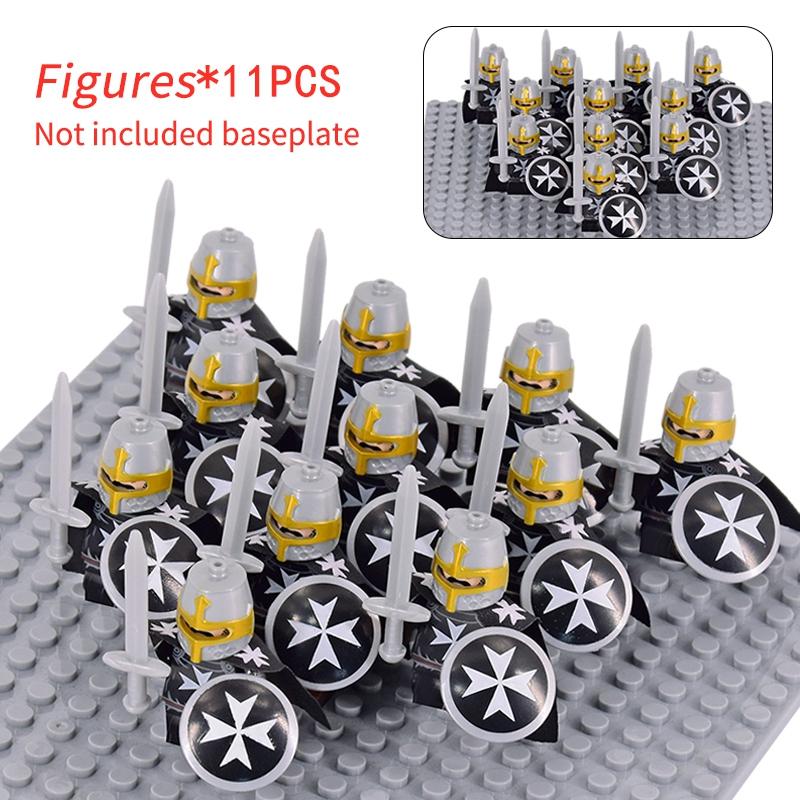 11 Silver Gray Knight Figures w Yel Edge Helm Swords Red Cross Shields White Cloaks No Baseplate