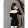 Fashion Black Sexy Spice Girl Neck Long Sleeve Dress Women's Spring New Slim and Skinny Stacked Hip Wrap Skirt