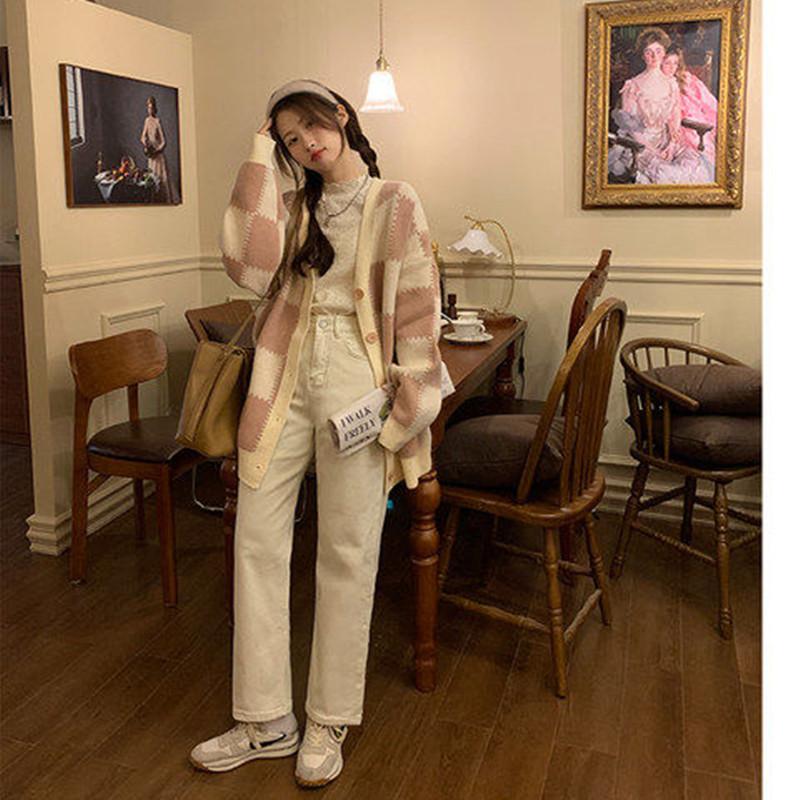 2025 autumn new loose casual cardigan long-sleeved sweater, gentle small fragrance checkerboard v-neck jacket women