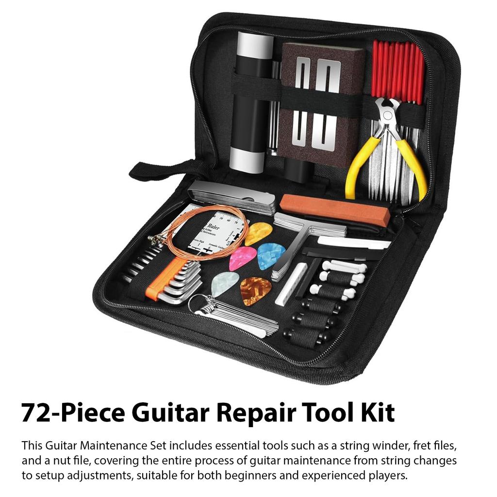 72Pcs Guitar Repair Tool Kit with Strings Picks Storage Case String Guard Pen Bridge Pins Nut Files Hex Wrenches for Guitar