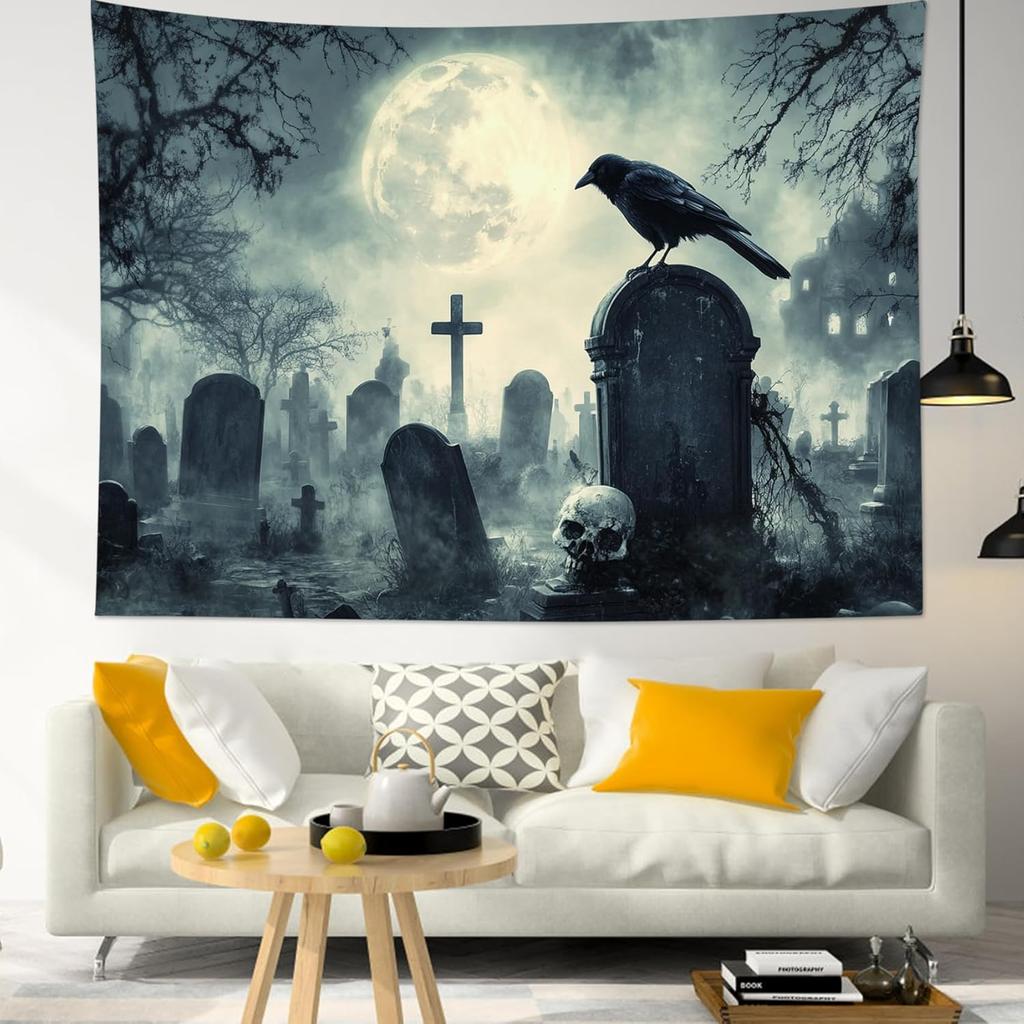 Halloween Tapestry Wall Hanging Horror Tombstone and Scary Skull In Cemetery Wall Art Spooky Dead Tree and Crow Under Full Moon