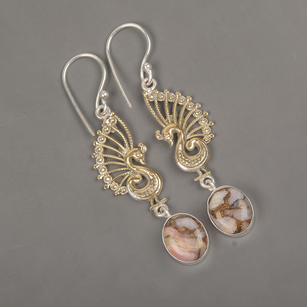 Boucles d'oreilles Opale Rose Turquoise, Boucles d'oreilles en Pierres Précieuses Fait Main, Boucles d'oreilles en Argent Sterling Massif 925 Bijoux Antiques, Pour Cadeau de Fiançailles