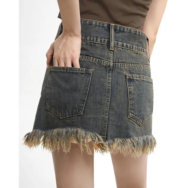 High Waist Frayed Hem Denim Mini Skirt Vintage Washed Pocket Skirt S