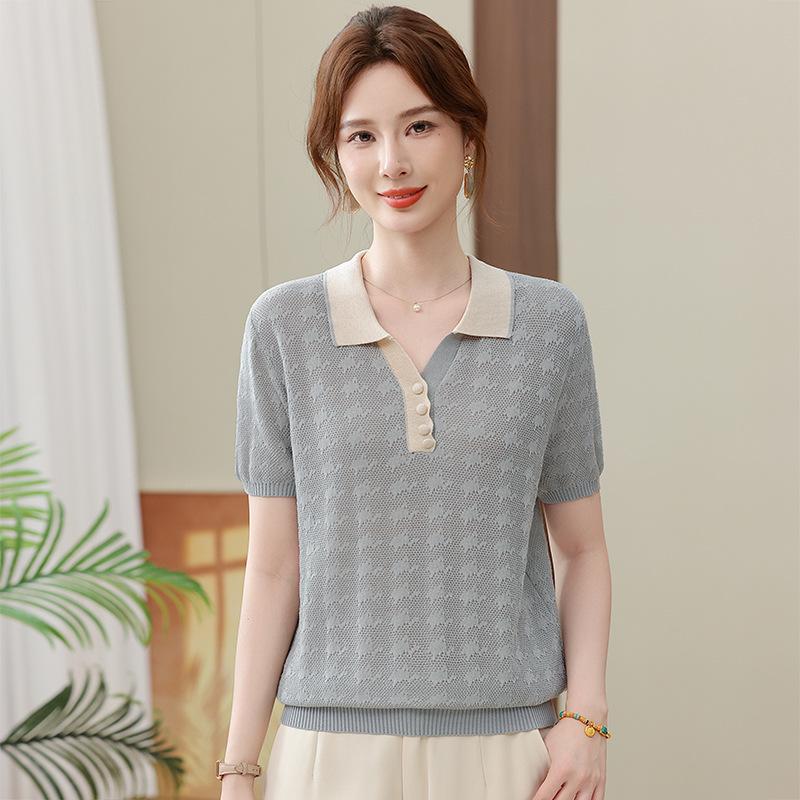 Summer Knit Lapel Ice Silk Top - Short-Sleeve T-Shirt for Middle-Aged & Elderly Women