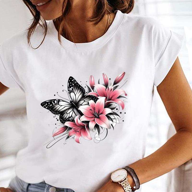(Asian Size)  Tee Top Short Sleeve T Shirt cartoon butterfly style Women Clothing Casual Fashion Print Lady Female Graphic T-shirts