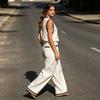Summer 2 Piece Linen Sets for Women, V Neck Sleeveless Tank Top And Wide Leg Pants Matching Sets, Color Block Lounge Outfits with Pockets