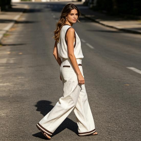 Summer 2 Piece Linen Sets for Women, V Neck Sleeveless Tank Top And Wide Leg Pants Matching Sets, Color Block Lounge Outfits with Pockets