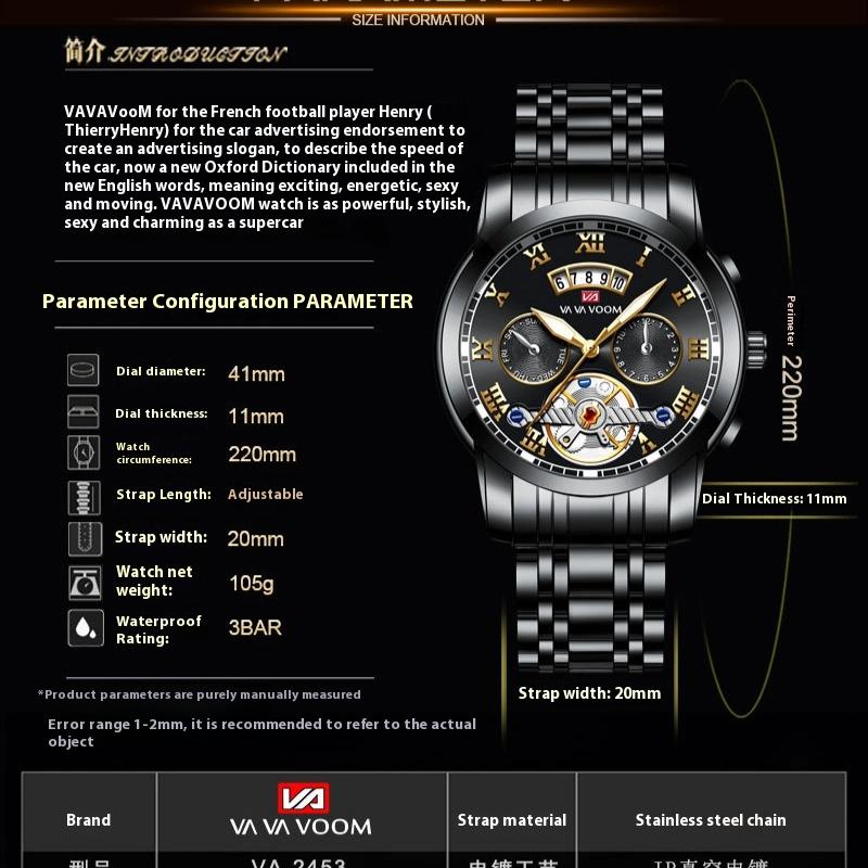 Men's Stainless Steel Tourbillon Watch Men's Student Quartz Watch Business Calendar Waterproof Steel Strap Watch Large Dial