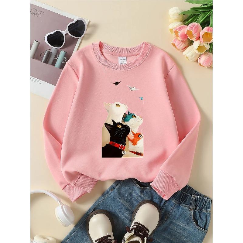 Kids Unisex Crewneck Sweatshirt, Four Colorful Cats Looking Up At Birds Cartoon Print Soft Fleece Pullover For Kids Over 4 Years Old