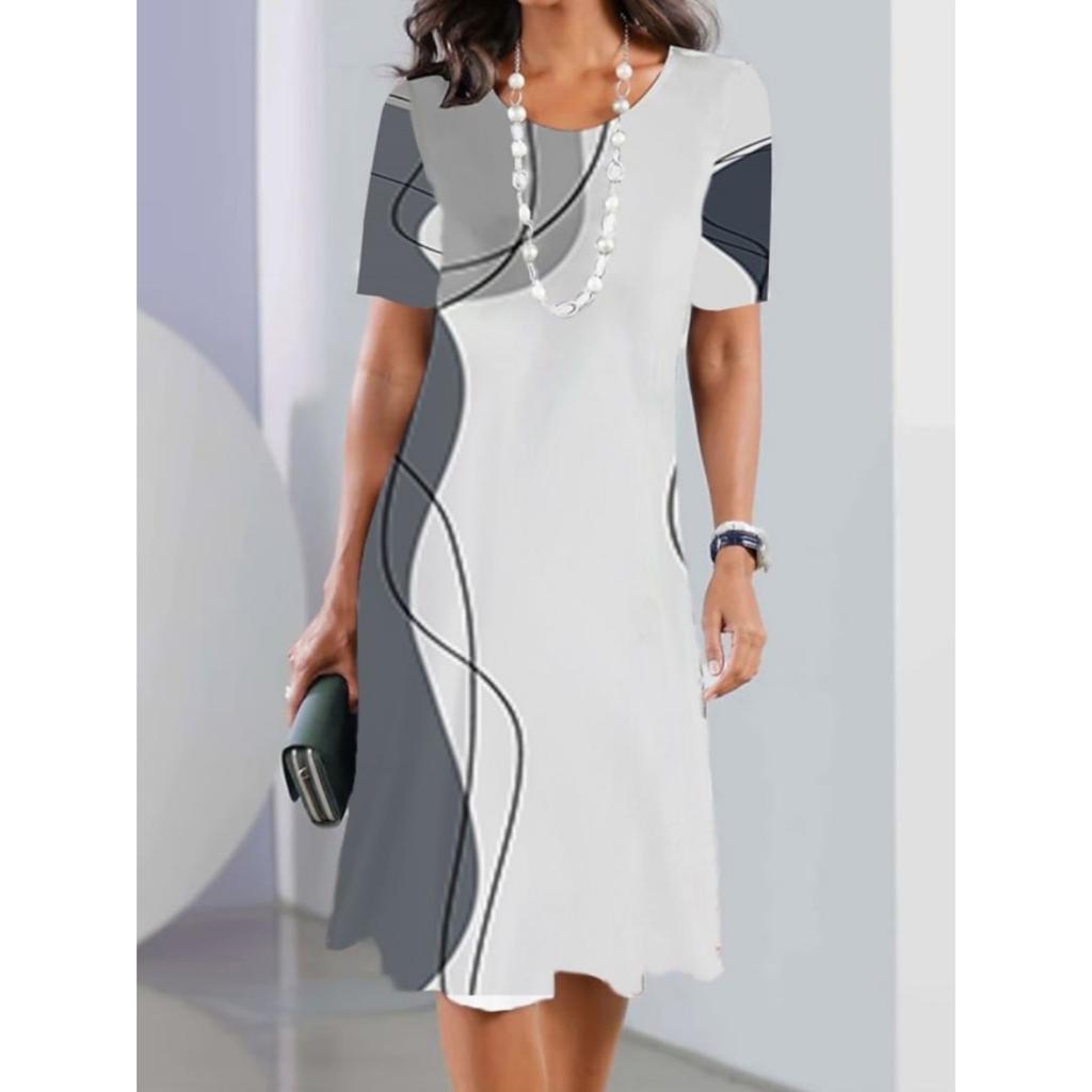 Rundhals Print Blumenkleid Taillenbetontes Elegantes Kleid für Damen Kurzarm Lockere Kleider Causal Kleid