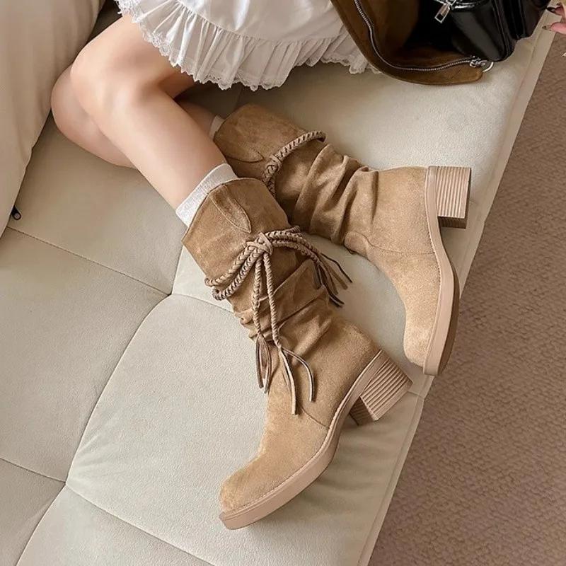 

Fashion Block Heel Retro Knight Boots Women s Autumn and Winter Mid-leg Boots 40